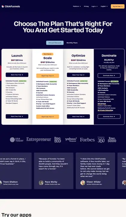 ClickFunnels pricing page as we read it on 2026-10-19
