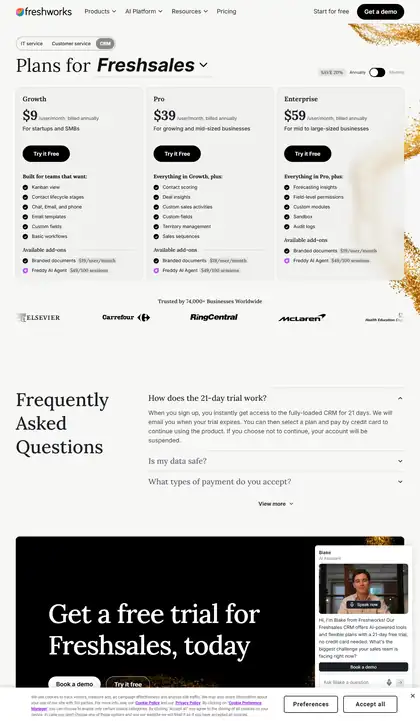 Freshsales pricing page as we read it on 2026-10-21