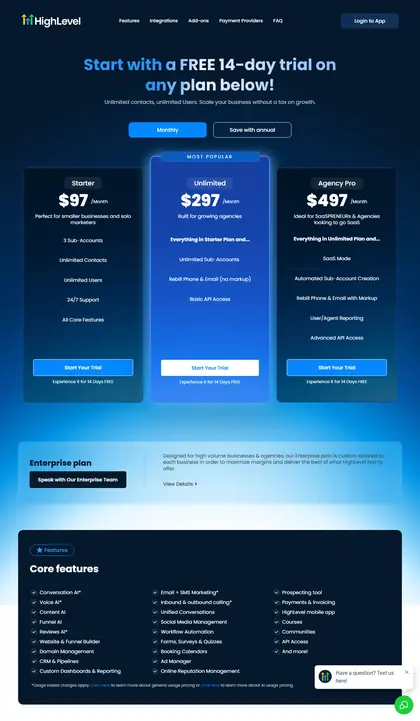 GoHighLevel pricing page as we read it on 2026-10-19