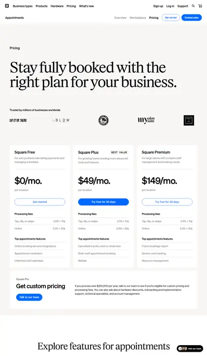 Square Appointments pricing page as we read it on 2026-10-19