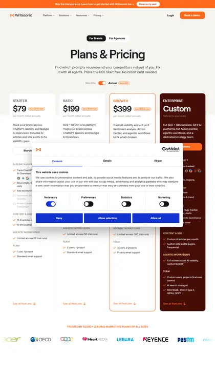 Writesonic pricing page as we read it on 2026-10-19