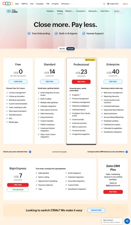Zoho CRM pricing page as we read it on 2026-10-19